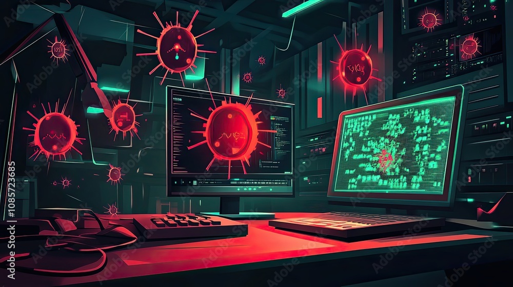 Poster a cyber security workstation with red virus icons and green code