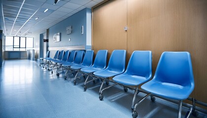 Row of blue chairs in empty hospital corridor