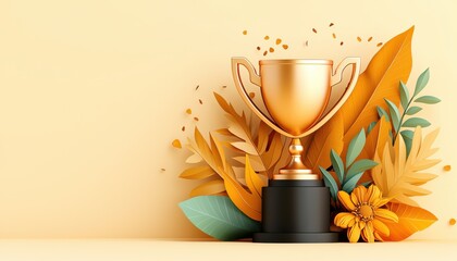 A golden trophy surrounded by colorful leaves and flowers on a soft yellow background.