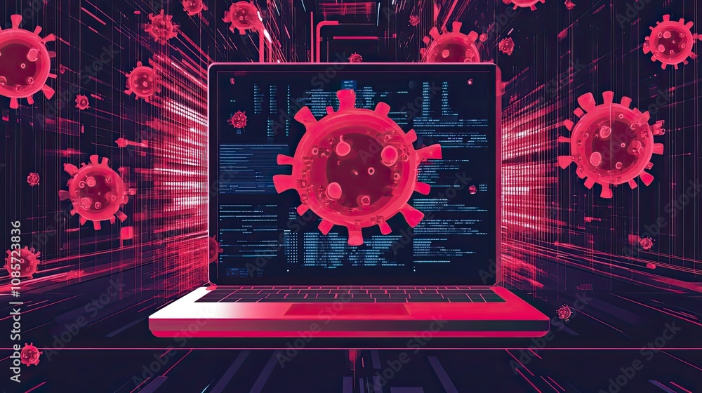 Poster laptop screen with red viruses and digital code in a cyber space background