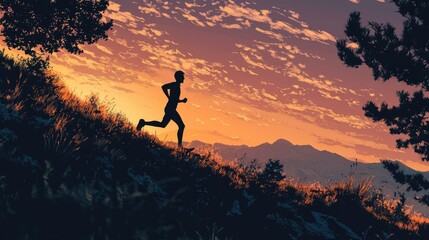 Obraz premium Person Running in Nature during Sunset with Vibrant Sky and Mountains in Background, Perfect for Health and Fitness Themes