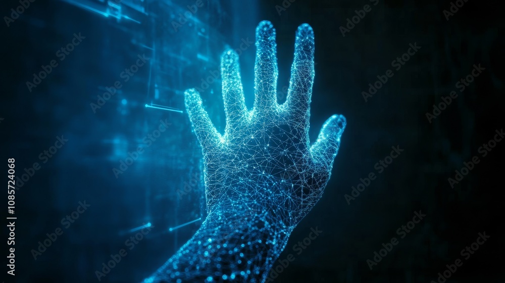 Poster futuristic hand reaching for a glowing blue digital interface with network like patterns