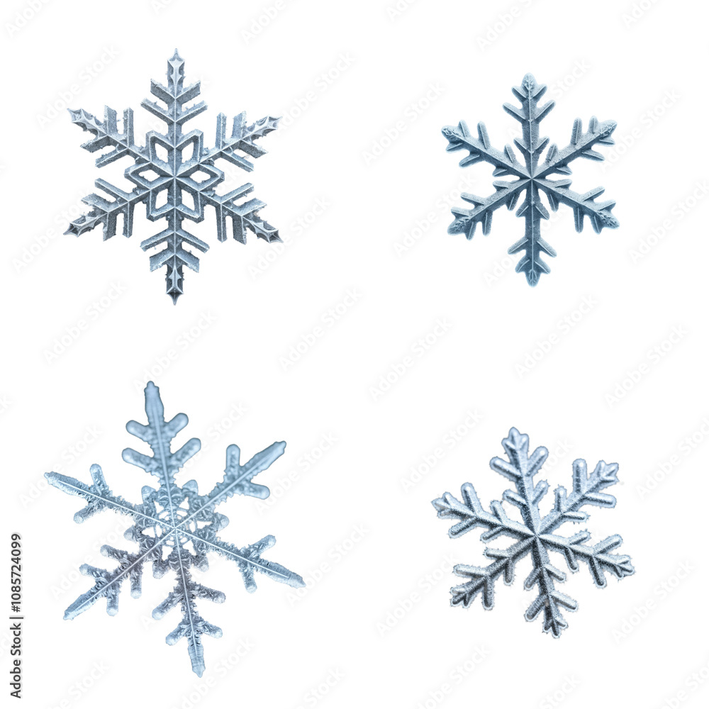 Poster closeup view of four frozen snowflakes against transparent background. detailed intricate patterns o
