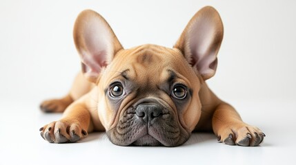 Fototapeta premium Cute French Bulldog Puppy Laying Down on White Background Looking Relaxed and Adorable Capturing Playful and Sweet Charm