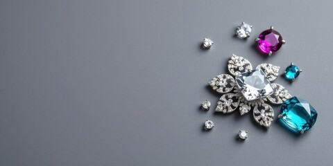 A stunning array of shimmering jewels scattered on a sleek grey background, sparkling, precious, luxury