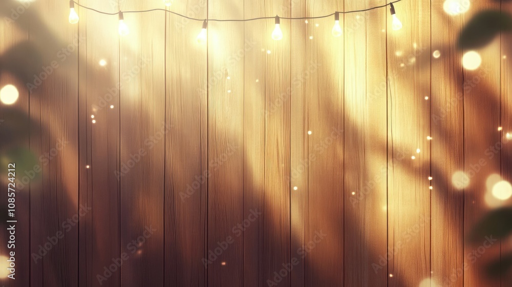 Poster warm and inviting wooden background with decorative string lights and soft bokeh effects creating a 