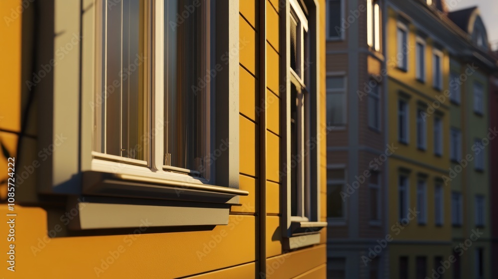Poster close-up of a yellow building facade with windows and neighboring structures.