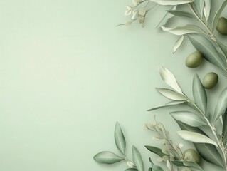elegant olive branch adorned with lush green olives, set against a soft green background, evoking a sense of nature's bounty and healthy living, with a touch of simplicity and freshness