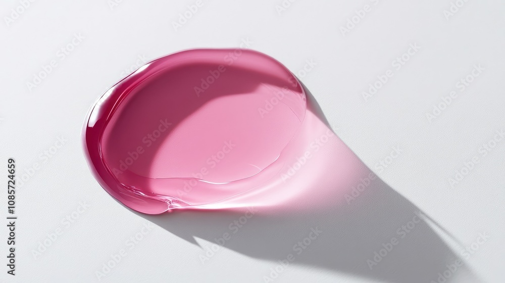 Poster close-up view of a glossy pink paint drop on a clean white surface illustrating artistic texture and