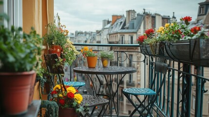 Fototapeta premium Cozy Parisian Balcony with Colorful Flowers and Relaxing Atmosphere Overlooking Charming Cityscape in Soft Natural Light