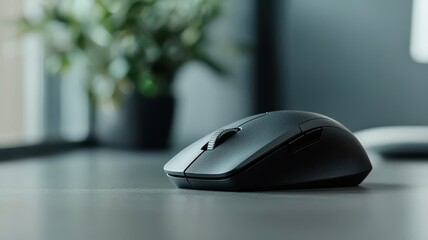 A sleek black computer mouse on a wooden desk with a plant in the background.
