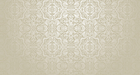 Vector vintage damask pattern in elegant beige tones. Decorative floral ornaments perfect for wallpaper, invitations, and luxury designs. Includes a working seamless pattern in the swatches panel