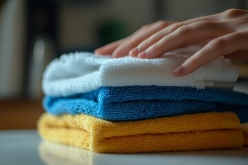 Colorful towels in blue, white, and yellow symbolize professional morning cleaning service at home