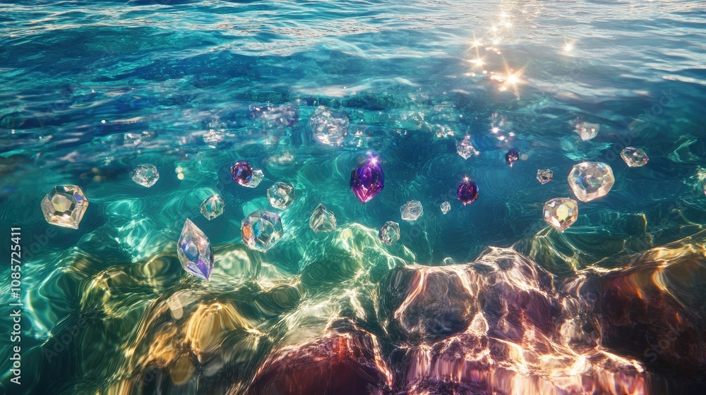 Poster stunning underwater scene with colorful gems floating above sparkling waves in crystal clear water, 