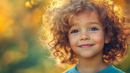Portrait of a Cheerful Curly-Haired Child Smiling Outdoors With Golden Light and Natural Background