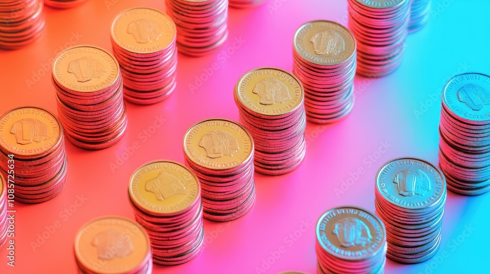 Poster stacks of shiny coins on a vibrant gradient background in a modern and artistic arrangement showcasi