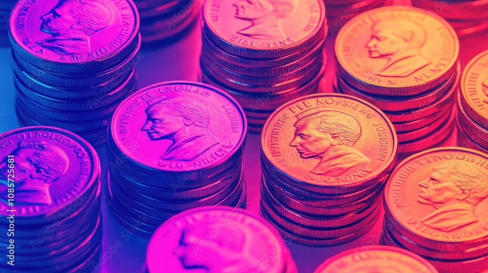 Poster close-up view of stacked coins with unique patterns and textures, showcasing currency in vibrant col