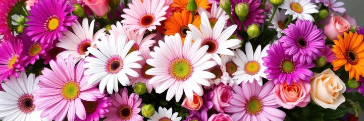 Obraz premium A vibrant bouquet of assorted flowers including roses, lilies, and daisies in full bloom, daisies, lilies, botany