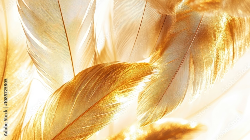 Poster beautiful golden feathers with soft textures and delicate patterns illuminated by warm light, perfec