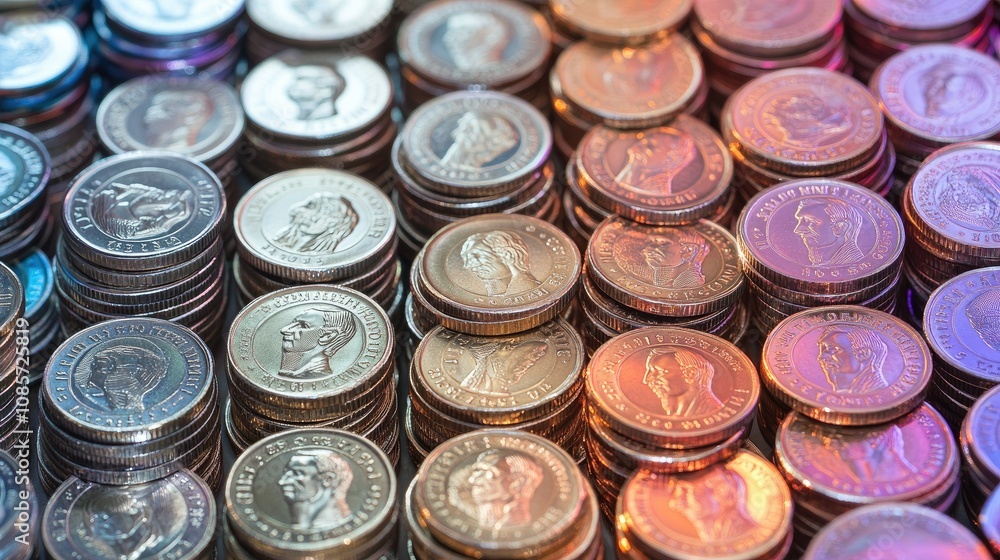 Poster a close-up view of stacks of shiny coin discs with reflective surfaces in various lighting condition