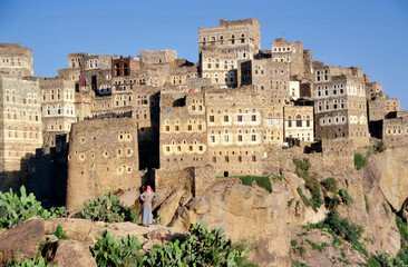 The village of Al Hajjarah on Jabal Haraz mountains in Yemen at sunset