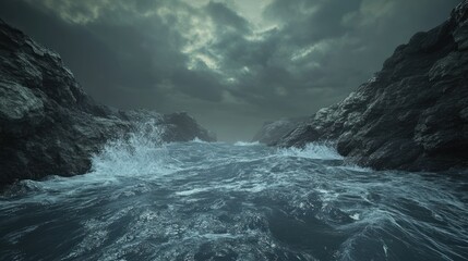 Obraz premium Stormy sea with choppy waves crashing against rocky cliffs under dark, dramatic clouds.