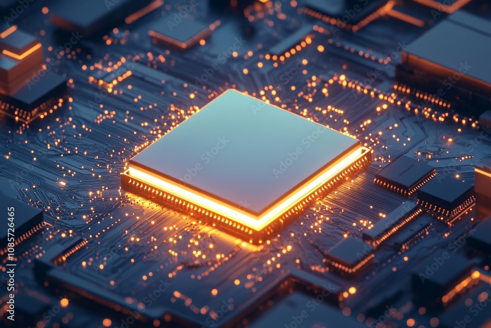 Poster futuristic 3d circuit board rendering featuring central oversized chip surrounded by smaller chips