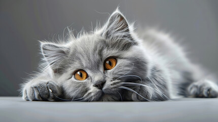 fluffy gray cat with striking orange eyes rests peacefully
