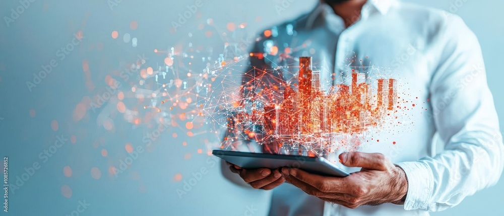 Poster businessman holds tablet displaying dynamic digital cityscape with modern design elements.