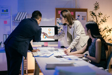 Obraz premium Asian businesspeople working late at night are pointing at computer screen showing graphs and analyzing financial data on printed documents