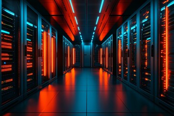 Intricate hyperrealistic 3d server room featuring orange and blue lighting with advanced technology