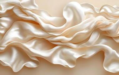 Obraz premium A close-up view of elegantly draped creamy silk fabric, showcasing its soft, flowing texture and subtle sheen, perfect for fashion or interior design concepts.