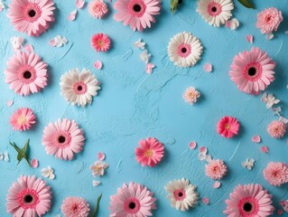 Fototapeta premium flat lay of fresh spring flowers in vibrant pink hues, scattered across a pastel blue background, capturing the essence of springtime beauty and renewal