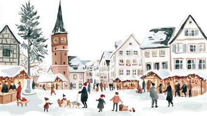 Obraz premium Winter market celebration charming town square watercolor art festive environment aerial view holiday concept, isolated on white background