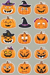 A Spooky Collection of Halloween Pumpkins: Sixteen Cartoon Jack-o'-lanterns with Witch Hats and Funny Faces for Autumn Festive Decorations