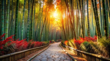 Serene autumnal path winding through a sunlit bamboo grove