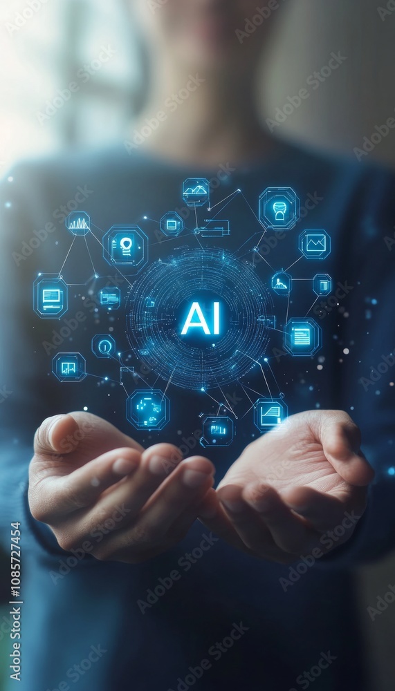 Poster ai technology concept illustrating data integration in business with focus on ai icon presentation