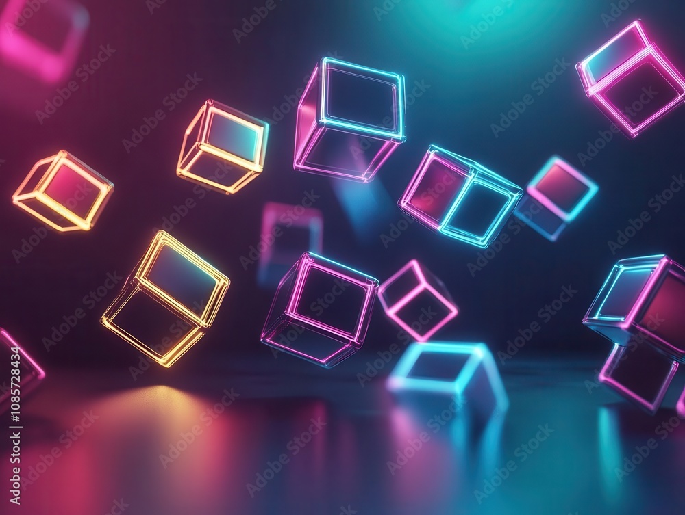 Aufkleber futuristic abstract 3d structures of neon cubes floating against a dark backdrop, creating a mesmeri