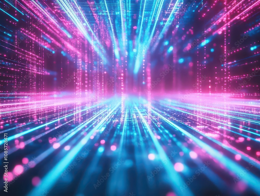 Aufkleber futuristic abstract background with glowing pink and blue neon lines in rapid motion, bokeh lights a