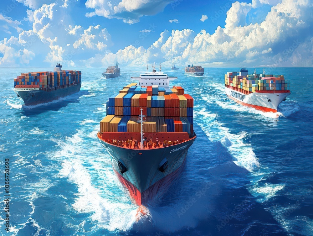 Poster futuristic depiction of cargo container ships navigating global waters, utilizing advanced technolog