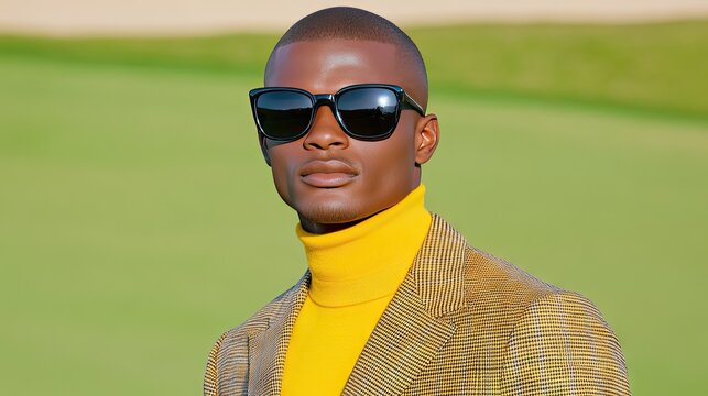 Stylish African male model poses confidently in yellow turtleneck and plaid blazer at a golf course backdrop in natural light