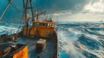 Navigating the Rough Seas Aboard a Fishing Vessel with High Waves Crashing Against the Ship