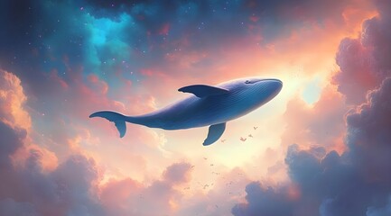 Fototapeta premium Majestic Blue Whale Swimming Gracefully Through a Dreamy Cloudy Sky at Sunset, Capturing the Essence of Freedom and Enchantment in a Vibrant Digital Art Scene