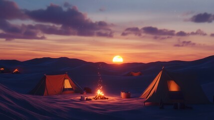 Serene Desert Campsite at Dusk with Flickering Campfire and Vibrant Sunset, Showcasing Tents and Tranquil Sand Dunes Under a Colorful Sky
