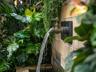 Fototapeta premium garden water tap with flowing water, surrounded by vibrant greenery, symbolizing the importance of conservation and the rising costs of resources in a serene environment