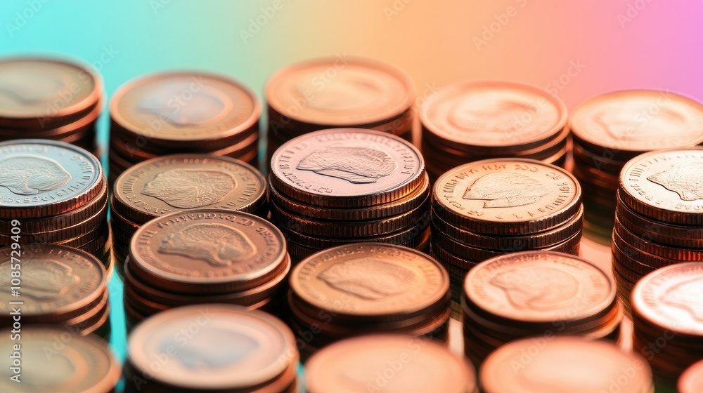 Poster close-up view of stacked coins with reflections captured against a colorful background, highlighting
