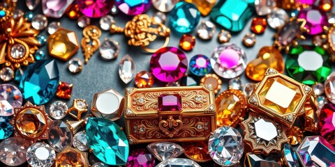 Assorted sparkling jewels on a sleek grey background, treasures, luxury, patterns