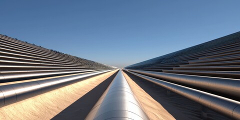 Modern Industrial Pipeline Landscape Under Clear Blue Sky with Sunlight, Showcasing Straight Metal Tubes Leading into the Horizon, Symbol of Engineering and Infrastructure