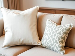 Assortment of cozy cushions on a grey background, comfortable, interior design, living room