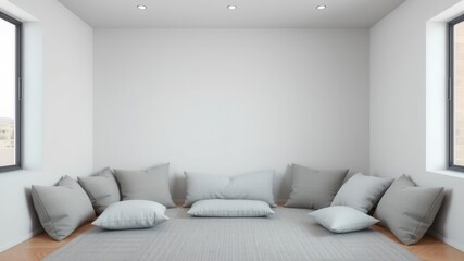 Assortment of grey cushions arranged neatly on a plain background, interior, cozy, minimalist